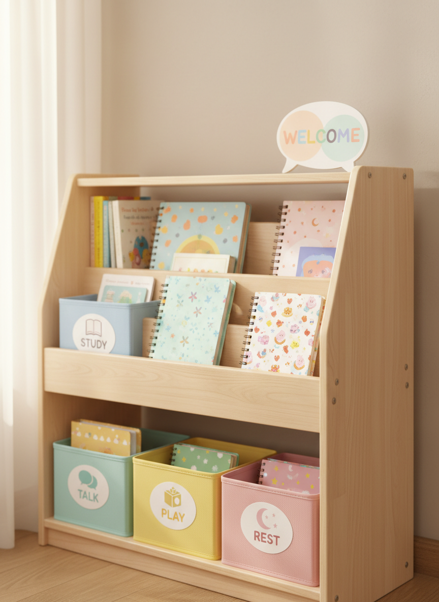 A bright, child-height bookshelf made of pale, smooth wood, its shelves filled with a joyful mix of picture books, notebooks, and colorful storage bins labeled with simple icons for “study,” “talk,” “play,” and “rest.” On top of the shelf sits a small, whimsical tabletop sign shaped like a speech bubble, printed with the word “WELCOME” in soft pastel colors. Natural daylight from a nearby window creates soft highlights on the book spines and a calm, diffused brightness across the scene. Photographic realism, composed with a gentle three-quarter angle that reveals depth along the shelves, background softly blurred into a neutral wall. The atmosphere is calm, approachable, and playful, symbolizing an accessible, non-intimidating educational space where young people can simply be themselves.